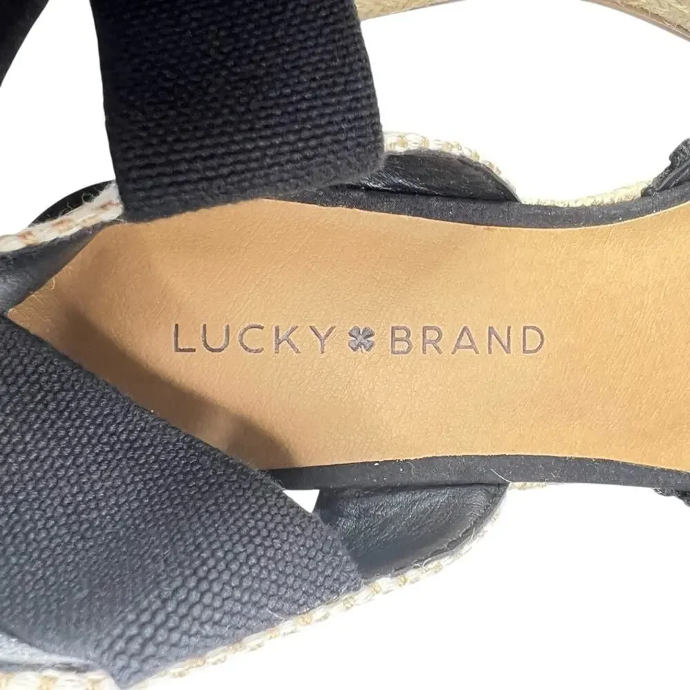 Lucky Brand Luvnia Macrame Espadrille Wedge Sandals 7.5 Black Bohemian
